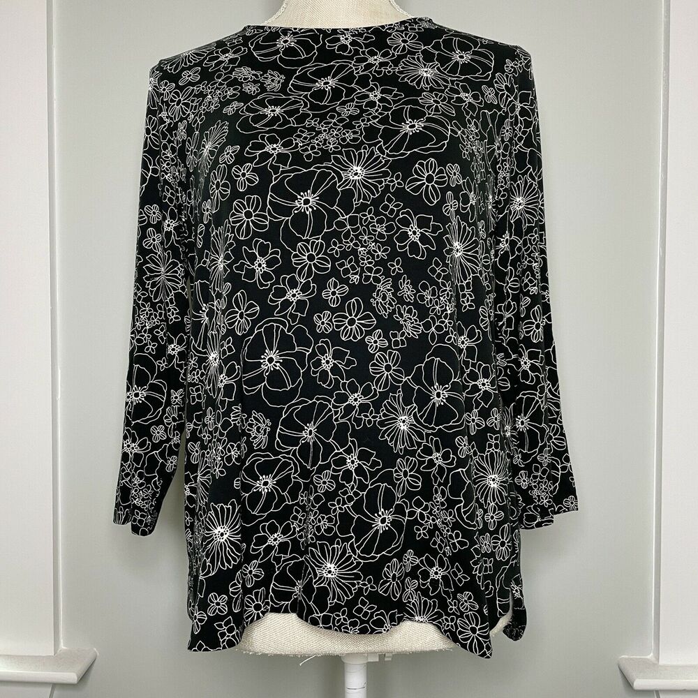 J Jill Wearever Collection Soft Floral 3/4 Sleeve Blouse Black White Size Small